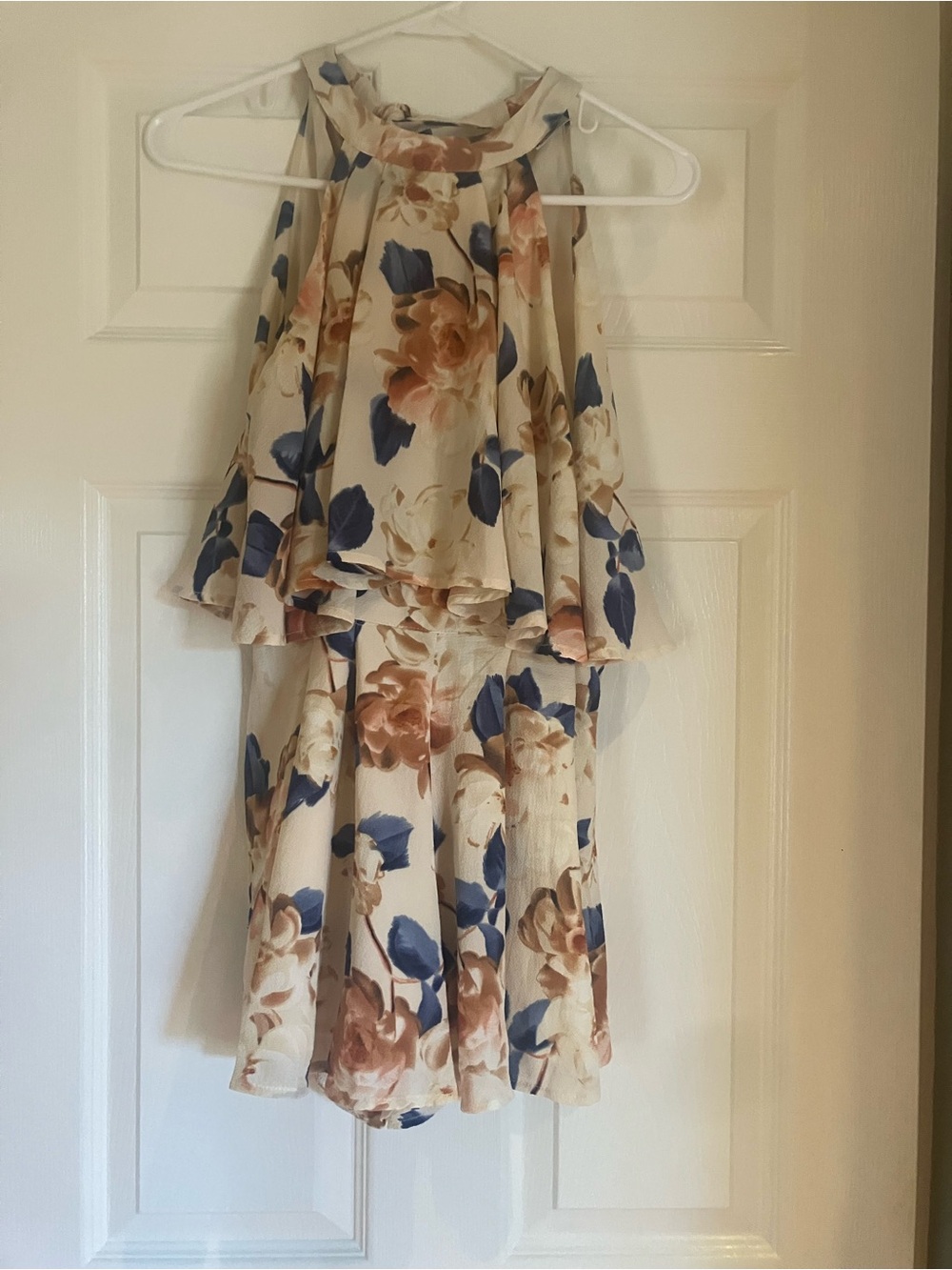 Angel Biba Cream Floral Halter Romper with Blue & Brown Blooms